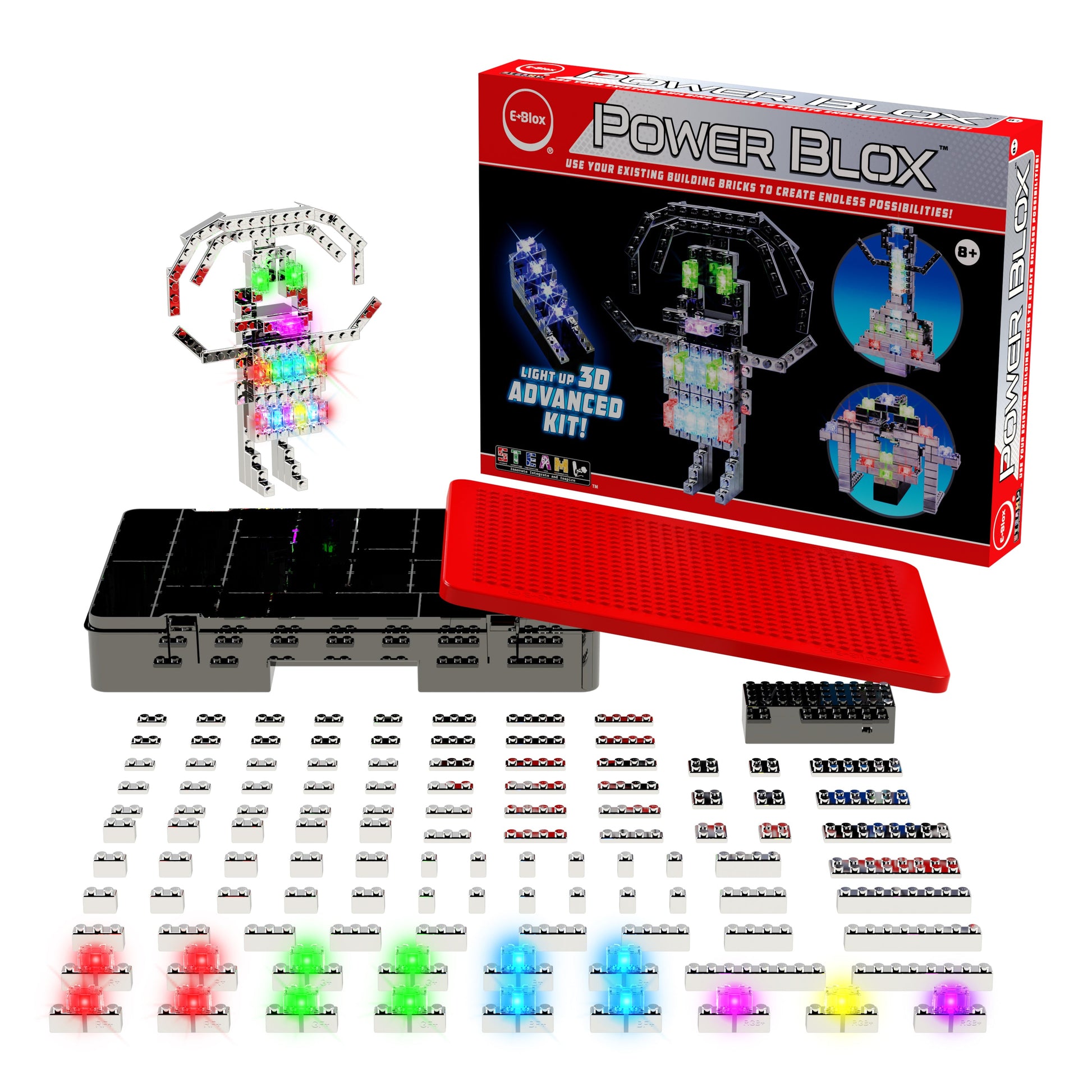 Image of the Power Blox™ Advanced Set by E-Blox®, showcasing a box labeled "Power Blox" with colorful, illuminated LED building blocks. The set features unique power blocks in various colors, a black base grid, and a red cover. It's an ideal addition to any STEM curriculum that aligns with NGSS requirements.