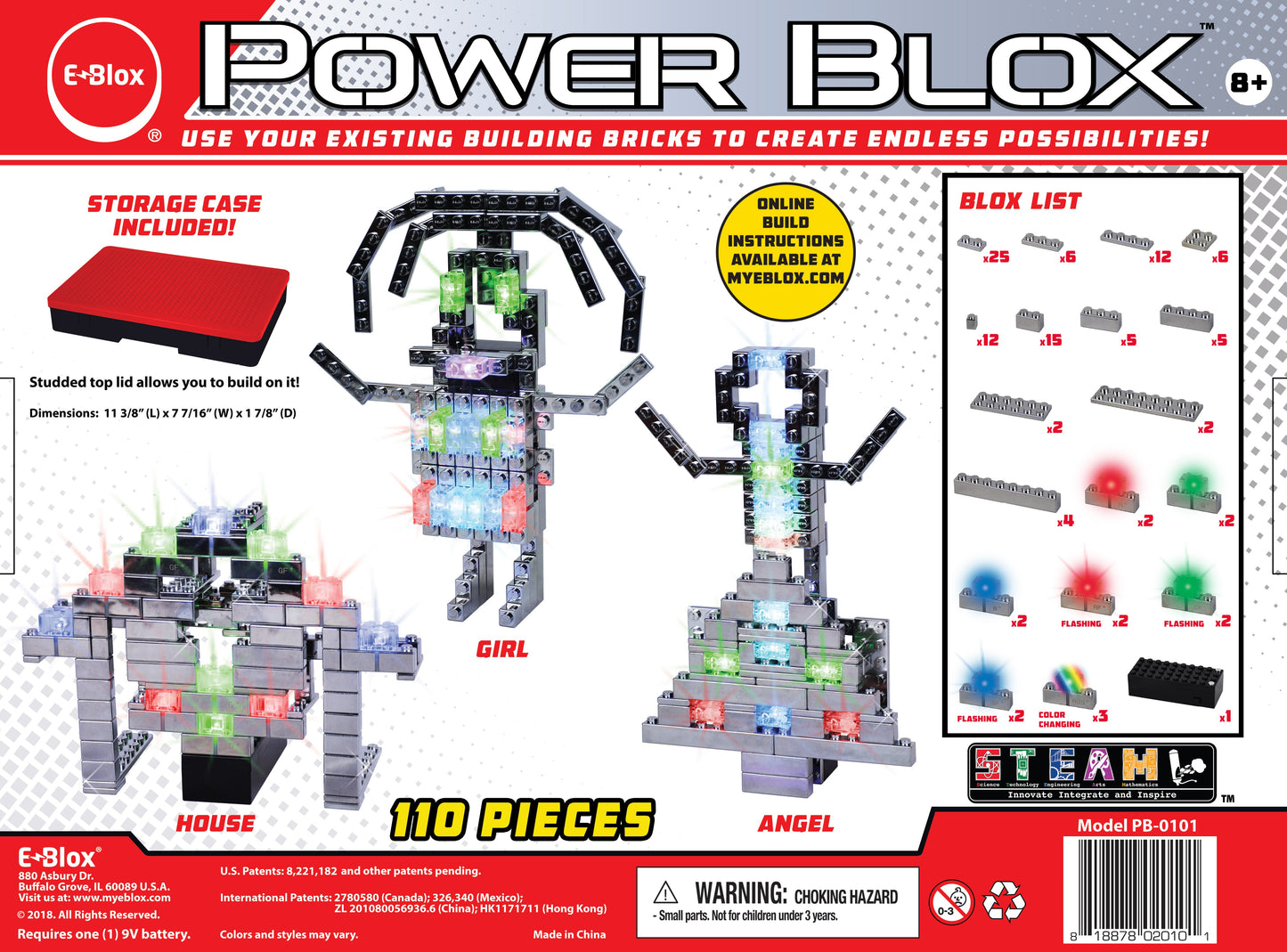 An illustrated image showcases the "Power Blox™ Advanced Set - E-Blox® - LED Light-Up Building Blocks Student Set" by E-Blox, featuring unique power blocks and 110 pieces to build models like a house, girl, and angel. The set includes a storage case, a blox list, item details, and a choking hazard warning. It is suitable for ages 8 and up and aligns with NGSS requirements.