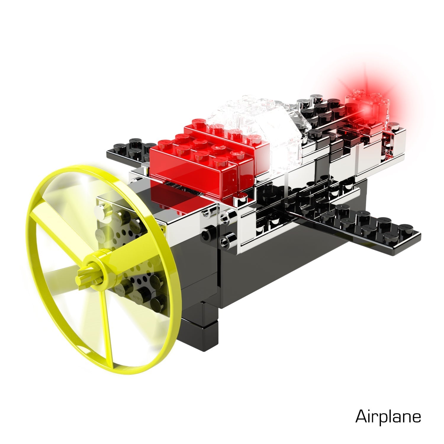 The Power Blox™ Light 'N Flight 5-in-1 Classroom Set by E-Blox features a toy airplane constructed from interlocking plastic bricks, with a black body accented by red and clear bricks, a large yellow propeller at the front, and a red light at the back. The word "Airplane" is printed in the bottom right corner, making it an excellent addition to any STEM curriculum.