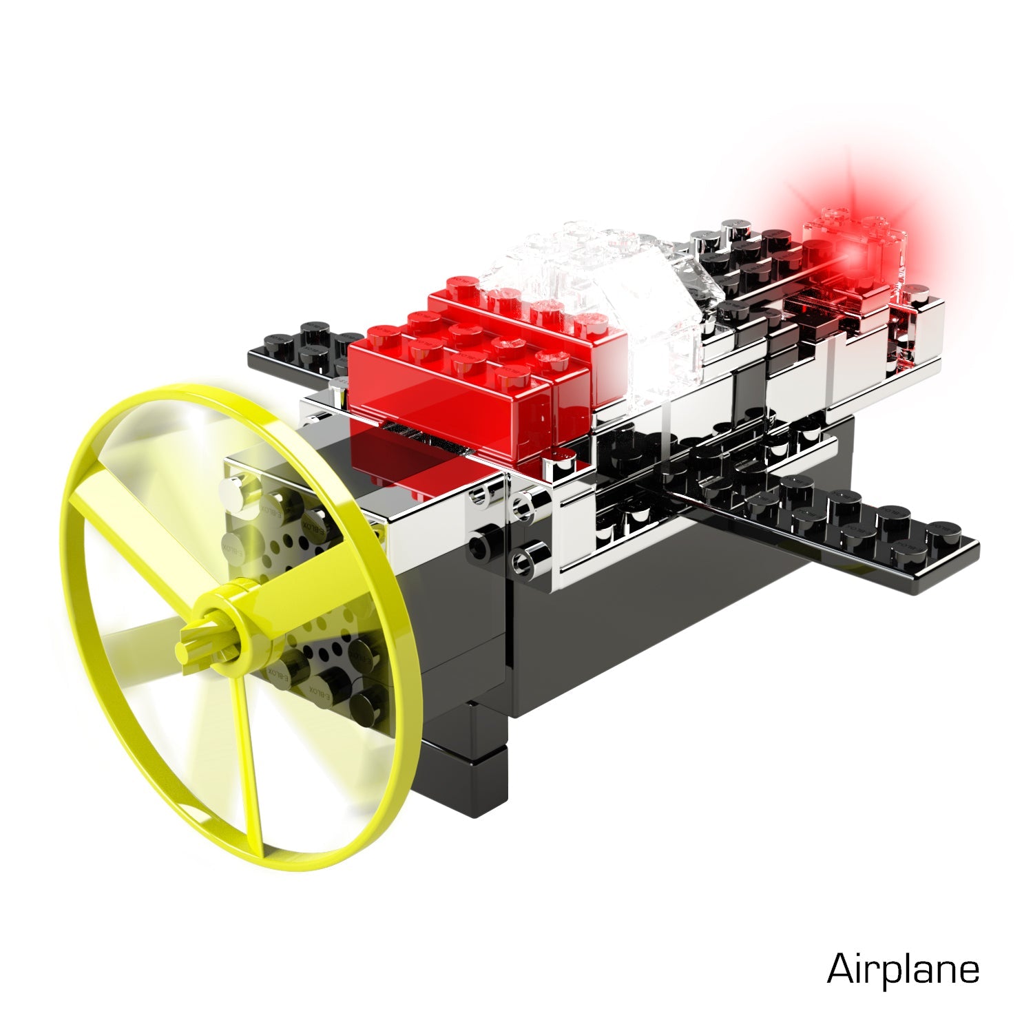 The Power Blox™ Light 'N Flight 5-in-1 Student Set from E-Blox features a compact airplane model built with black, red, and white bricks. It showcases a large yellow propeller at the front and a glowing red light at the rear. The word "Airplane" is displayed in the bottom right corner. Designed to meet NGSS (Next Generation Science Standards) requirements, this set is ideal for STEM curriculum projects.