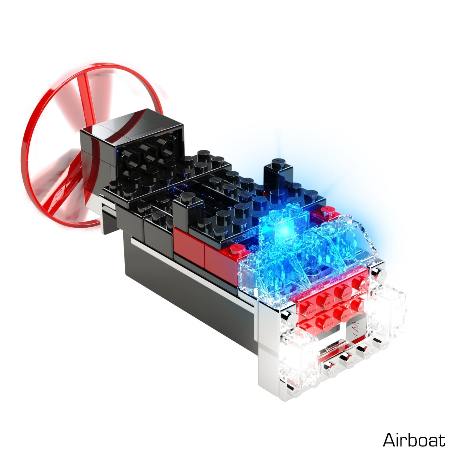 A black and red toy airboat made from small interlocking bricks with a large red fan on the back and blue and red translucent bricks on the front, resembling lights. The word "Airboat" is written in the bottom right corner. This E-Blox Power Blox™ Light 'N Flight 5-in-1 Classroom Set perfectly aligns with STEM curriculum goals.