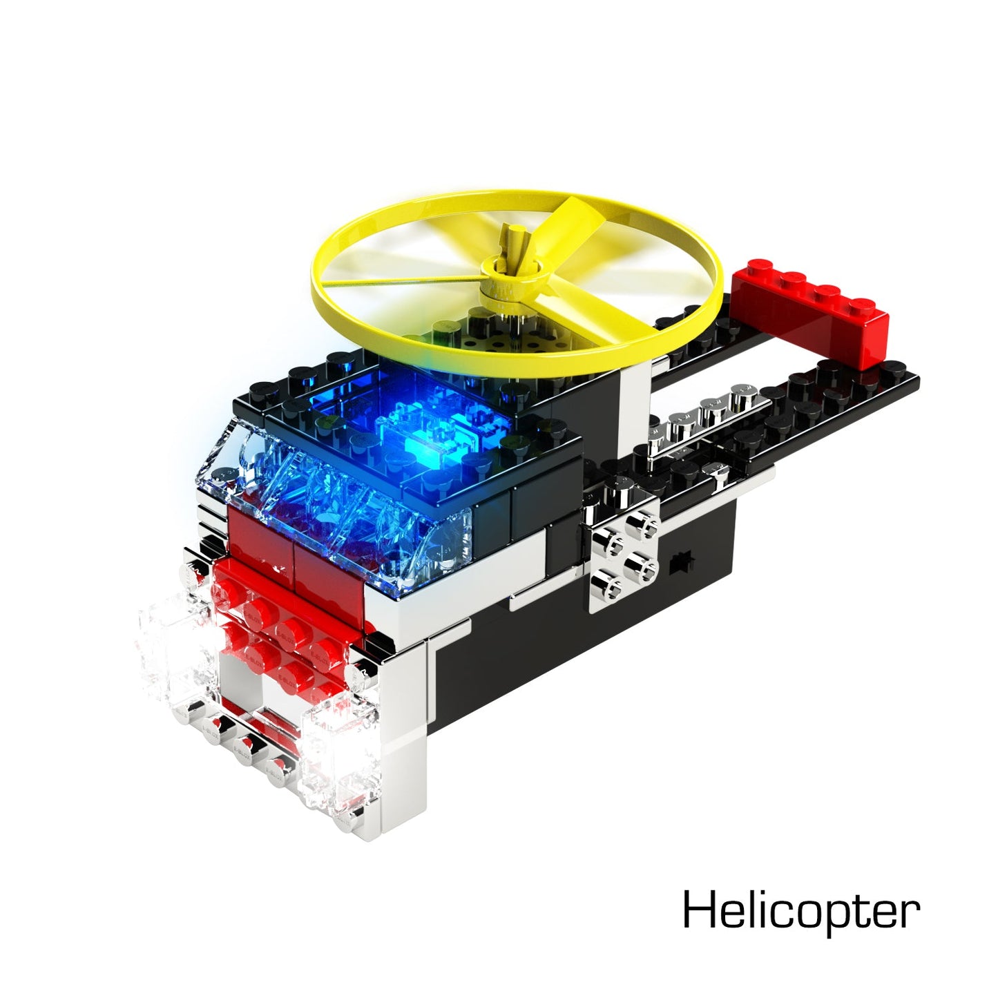 The Power Blox™ Light 'N Flight 5-in-1 Student Set by E-Blox includes a compact toy helicopter constructed from various colored bricks. It features a yellow rotor on top, blue and red bricks at the front to signify lights, and black and white bricks forming the body. The image is capped off with the word "Helicopter," printed in black at the bottom right corner, perfectly aligning with STEM Curriculum objectives.