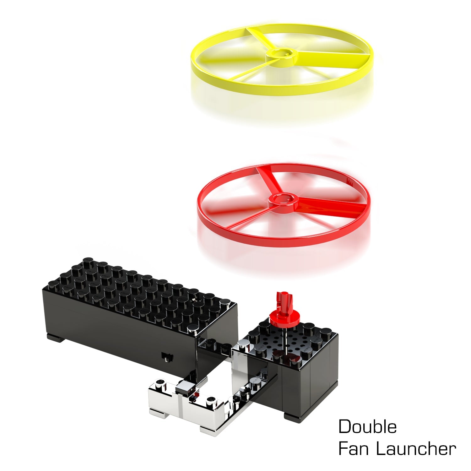 The Power Blox™ Light 'N Flight 5-in-1 Student Set by E-Blox features a black base with interlocking bricks and a red detachable propeller on top. Above the base, a yellow and a red propeller hover mid-air, illustrating potential launch positions, making it ideal for meeting NGSS requirements in any STEM curriculum.