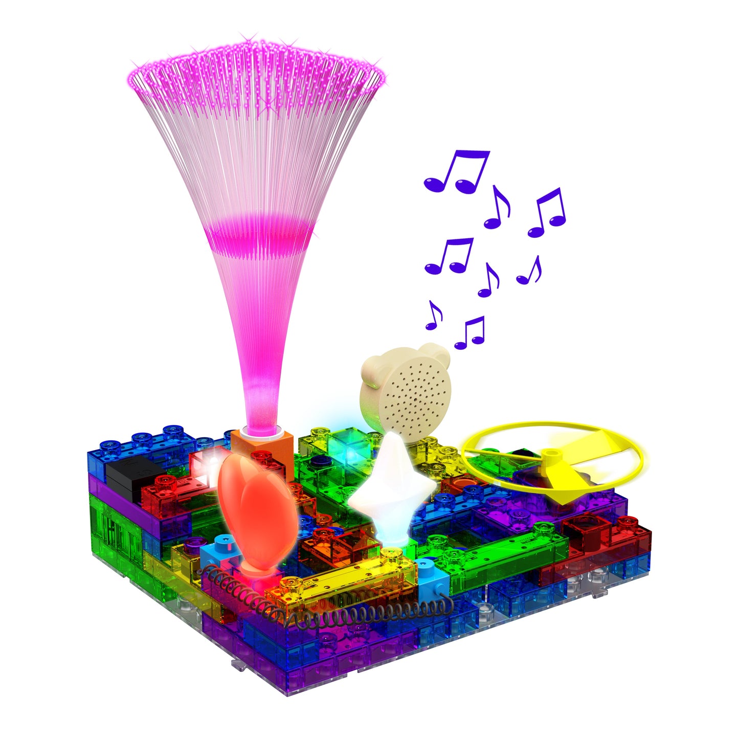 A vibrant, illuminated building block structure featuring a pink fiber-optic funnel, a speaker emitting musical notes, and a red balloon-like component. With its Circuit Blox™ 395 Project Classroom Set integration from E-Blox®, the glowing sections and multi-colored base with interconnected hexagonal pieces align perfectly with advanced STEM concepts.