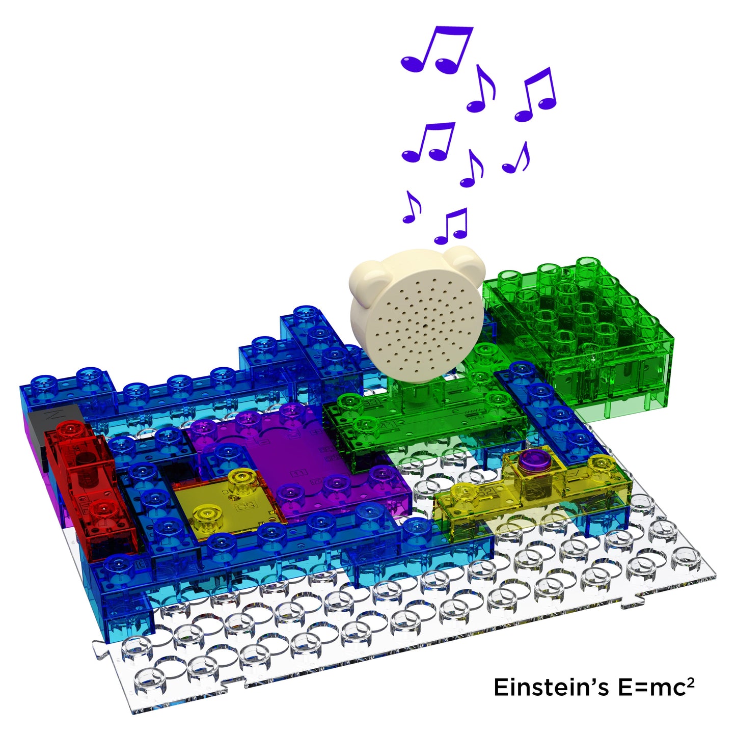 A vibrant Circuit Blox™ 395 Project Classroom Set from E-Blox is arranged to create a base with multiple interconnected components. At the center, a white speaker produces musical notes, while "Einstein's E=mc²" is inscribed in the bottom right corner, meeting NGSS standards for advanced STEM concepts.