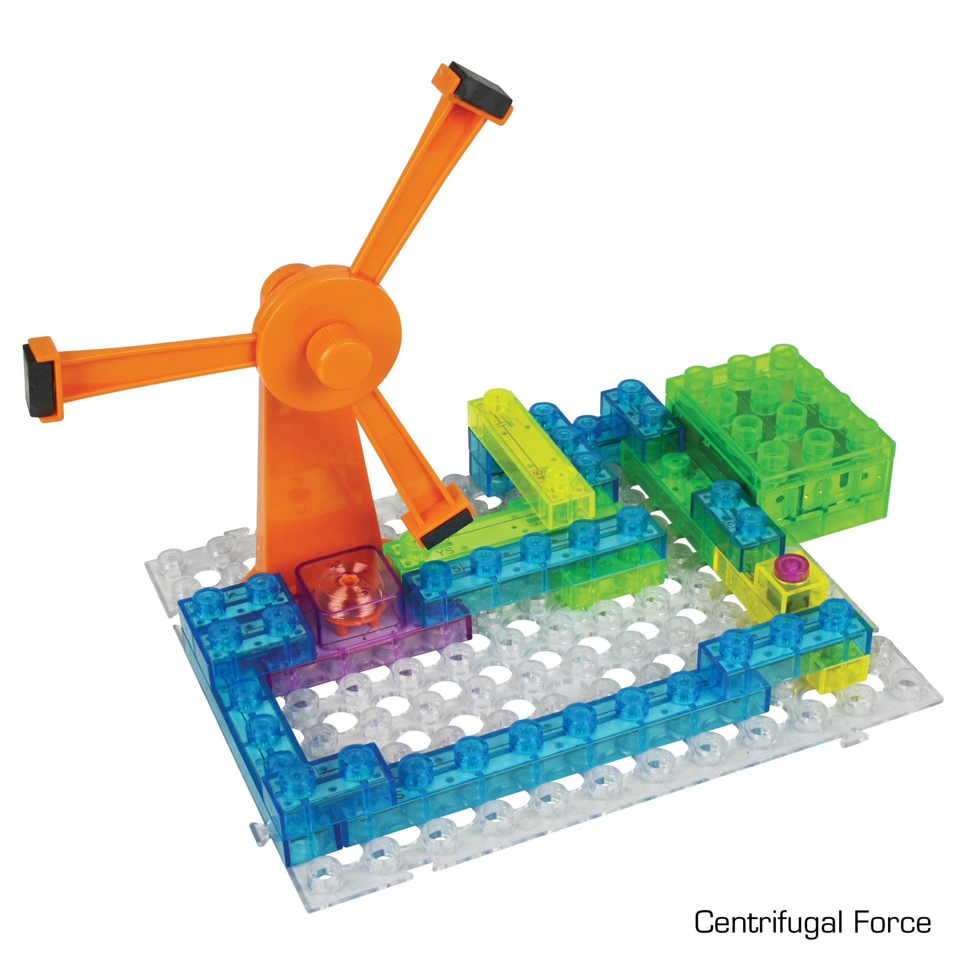 The Circuit Blox™ 800 Classroom Set by E-Blox creates a vibrant mechanism labeled "Centrifugal Force" using translucent plastic bricks on a perforated baseplate. Ideal for STEM curricula, it features an orange spinning component with three arms and surrounding blue, green, and yellow bricks forming a path.