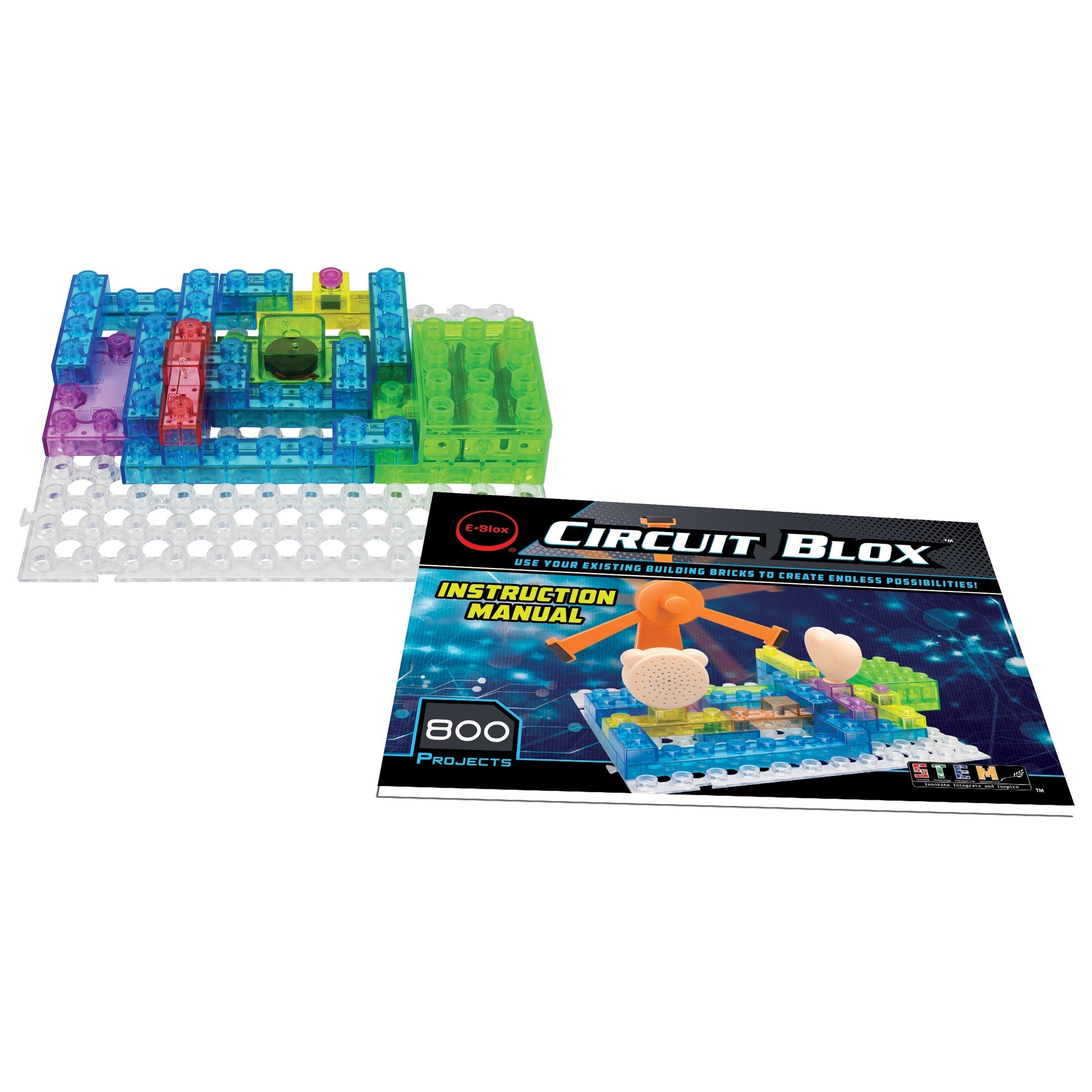 A colorful Circuit Blox™ 800 Classroom Set by E-Blox® is displayed alongside an instruction manual and a Teacher Guide. The set includes various blocks and components in vibrant colors, neatly arranged on a white base grid. The manual cover highlights "800 Projects" with images of electronic builds, making it perfect for STEM curriculum integration.