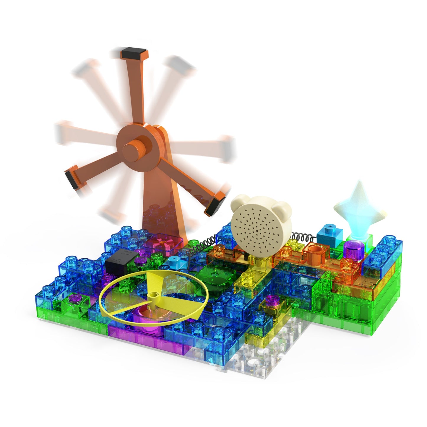 The Circuit Blox™ 800 - E-Blox® Circuit Board Building Blocks Toys for Kids Student Set is a vibrant and educational LEGO-based kit that includes interconnected components such as a spinning windmill, a propeller, a speaker, and a star-shaped light. It is ideal for Grades 4-6 curriculum and introducing advanced STEM concepts. The base consists of transparent, multicolored LEGO bricks from the renowned E-Blox brand.