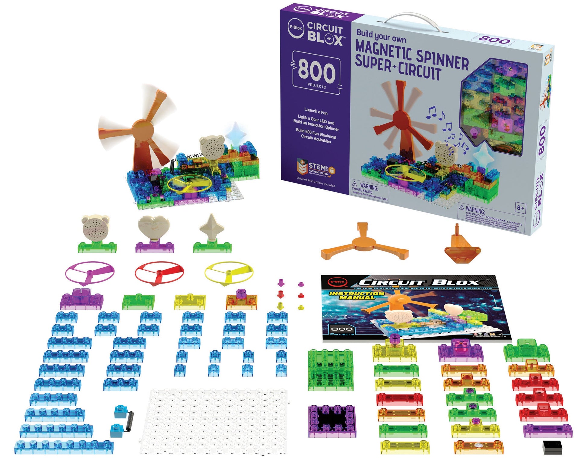 This image showcases the contents of the "Circuit Blox™ 800 - E-Blox® Circuit Board Building Blocks Toys for Kids Student Set" by E-Blox. Ideal for the Grades 4-6 curriculum, this STEM kit includes an assortment of colorful plastic blocks, a white grid base, a fan, clear connectors, and various other electronic components. The product box and an instruction booklet are also included.