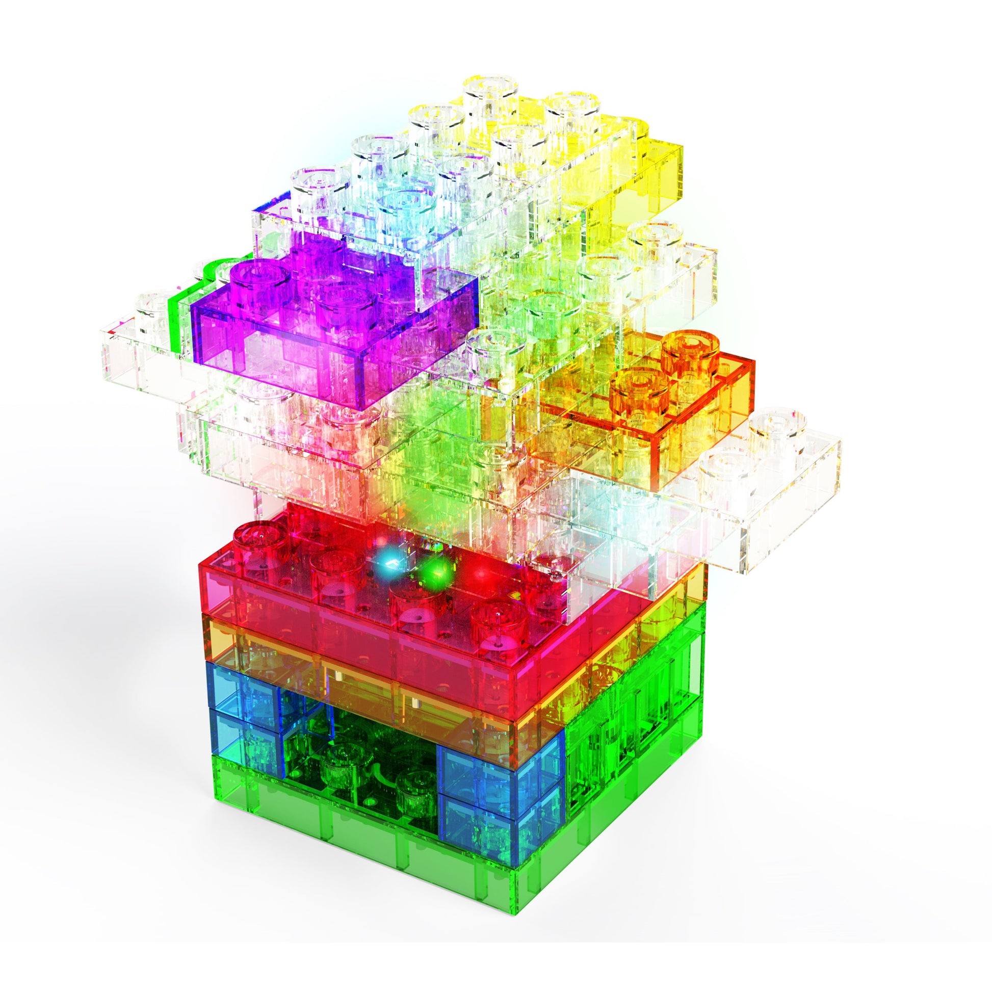 The Circuit Blox™ Sound Activated Dancing Lights Classroom Set by E-Blox features a vibrant, complex structure made of transparent, interlocking bricks that resemble a stack of LEGO blocks. The layers display an array of colors including red, orange, yellow, green, blue, and purple against a white background. This educational play set also doubles as colorful lights for added fun.