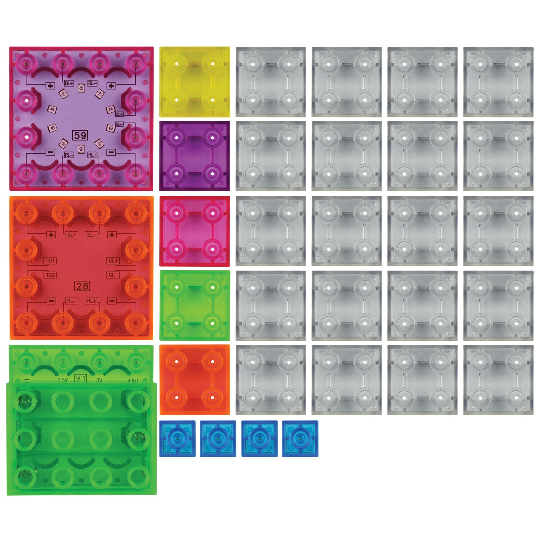 The Circuit Blox™ Sound Activated Dancing Lights Classroom Set by E-Blox features an array of 36 translucent, colorful plastic tiles in hues such as orange, green, purple, blue, and gray arranged in a grid pattern. This engaging STEM kit includes unique shapes or markings on some tiles and has the highest quantity of gray tiles.