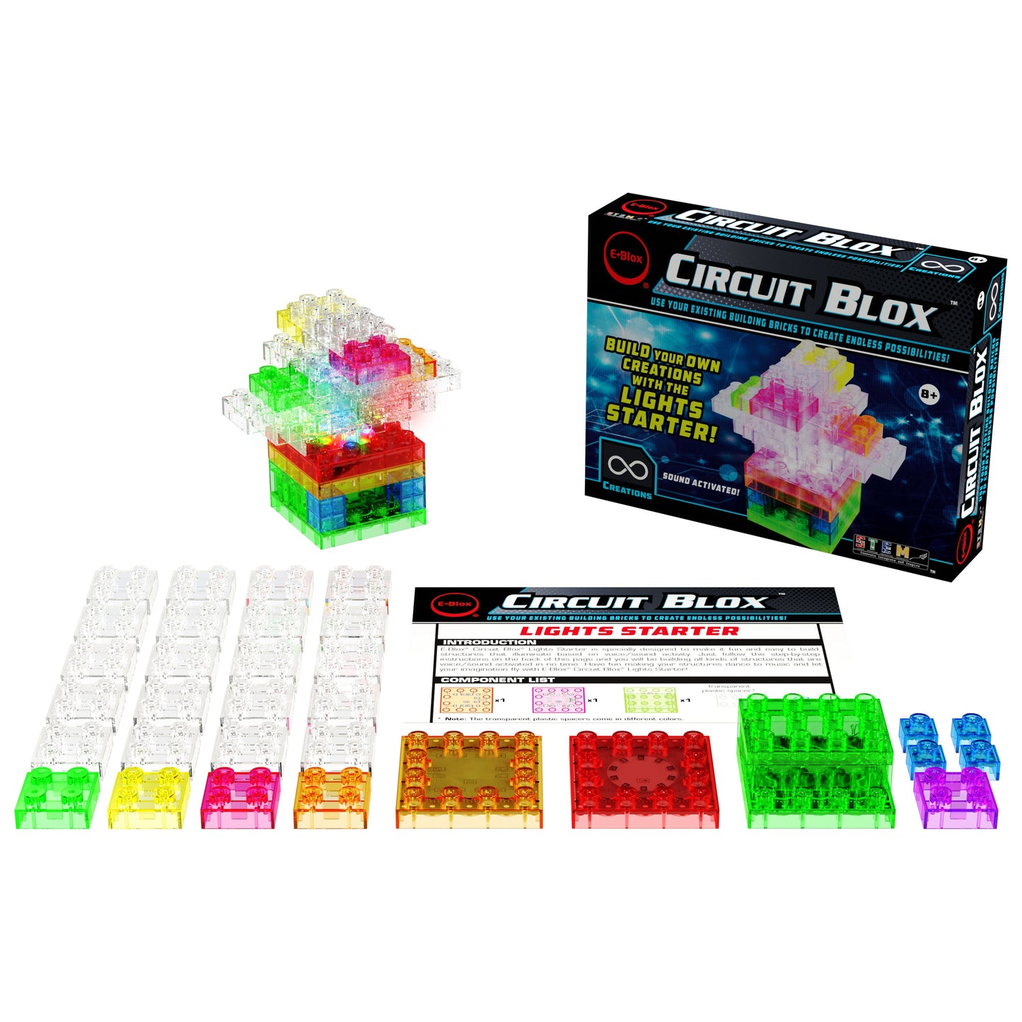 An assortment of multicolored Circuit Blox™ pieces, including transparent blocks in various colors, are arranged in rows. A constructed project is shown in the center, complete with colorful lights. The STEM kit's box, instruction manual, and a sheet of stickers or components from the Circuit Blox™ Sound Activated Dancing Lights Classroom Set - E-Blox® by E-Blox are also visible.