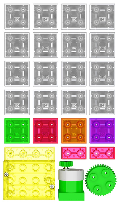 The Circuit Blox™ Lights 'n Motion- Student Set by E-Blox is a vibrant assortment of geometric pieces and components, featuring 21 square grey tiles labeled with "102," along with 3 green, 3 red, 4 orange, and 2 purple tiles. The set also includes a large yellow block, a green and white motor component, and a green gear—making it an engaging STEM kit perfect for educational play.