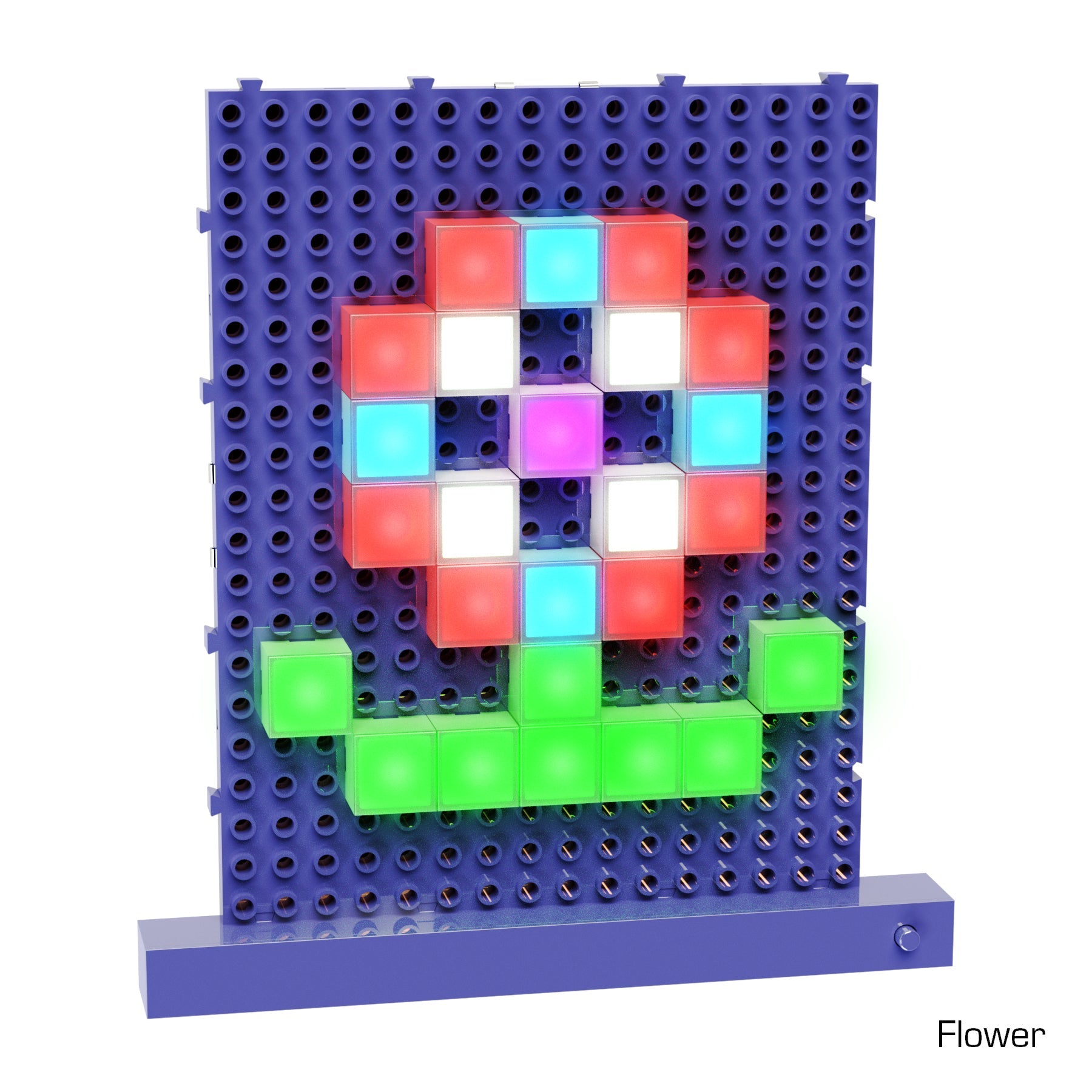 A brightly colored Lite Blox Classroom Set - E-Blox® Building Blocks showcasing a pixelated flower design. The blossom features red, blue, and white petals with a purple center, supported by a green stem and leaves. Perfect to stimulate creativity, the board has small holes for pegs forming the image. "Flower" is written in black text at the bottom right.