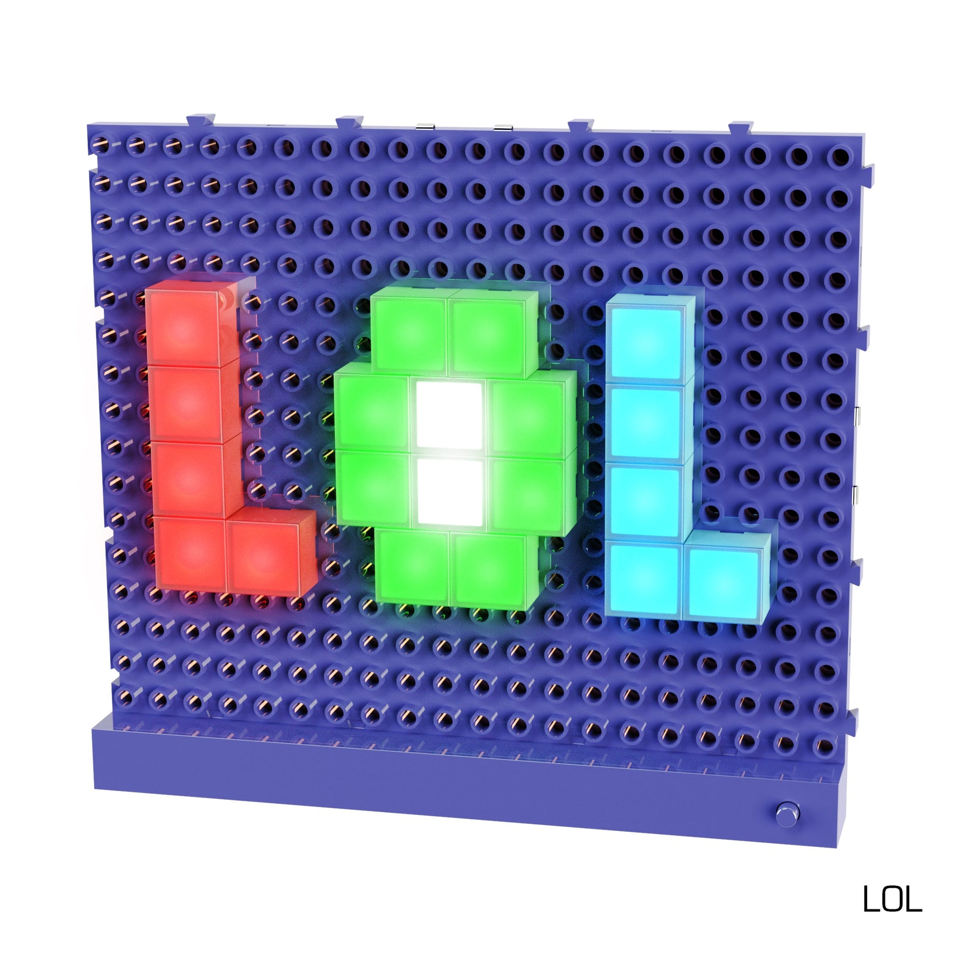 A blue pegboard with circular holes showcases the word "LOL" in vibrant light-up blocks using the Lite Blox Classroom Set from E-Blox. The 'L's are crafted from red and blue LED Blox, while the 'O' is composed of green blocks with a white center. "LOL" is also inscribed in small black text at the bottom right corner, designed to inspire creativity.