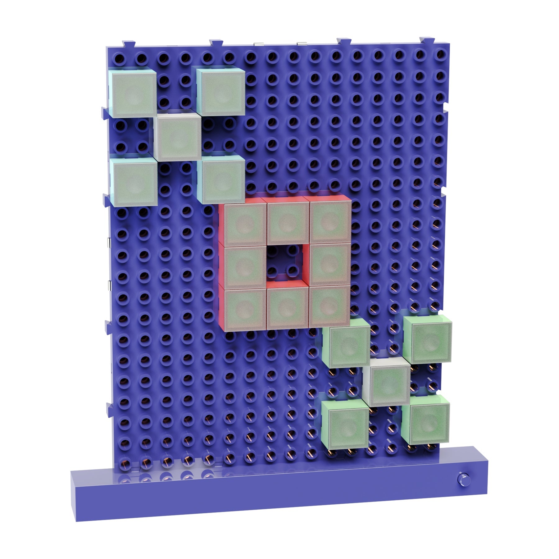 A Lite Blox Classroom Set - E-Blox® Building Blocks, featuring a blue perforated board standing vertically, showcases square translucent tiles arranged with creativity. Green tiles are meticulously placed to form two diagonal lines at the top left and bottom right corners, while red tiles create a central square pattern. This setup is reminiscent of the LED Blox and rests on a blue base with a knob on the right, fostering creative stimulation.