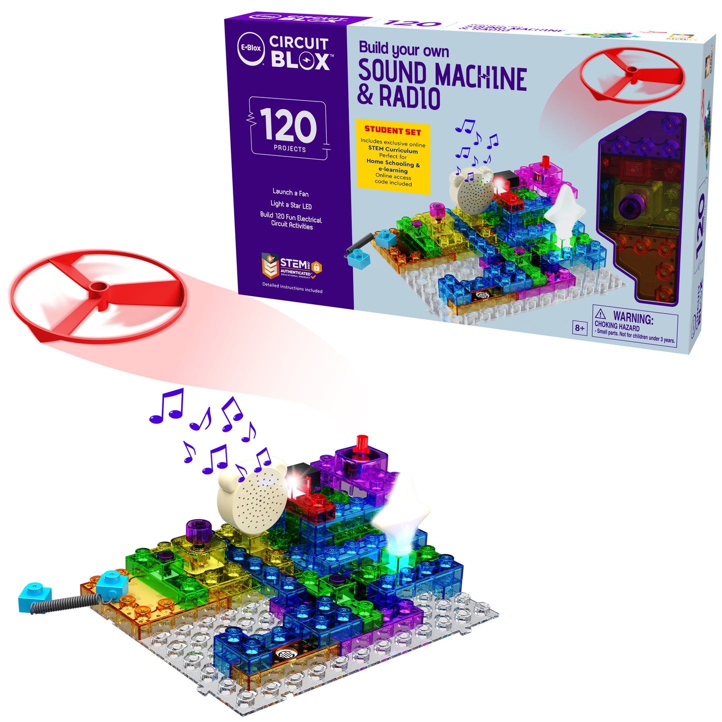 Image of the Circuit Blox™ 120 Project Student Set by E-Blox for building a sound machine and radio. The colorful translucent blocks are assembled on a transparent base, with a propeller-like component and musical notes illustrating a sound output. Perfect for engaging students in STEM curriculum and aligning with NGSS requirements.