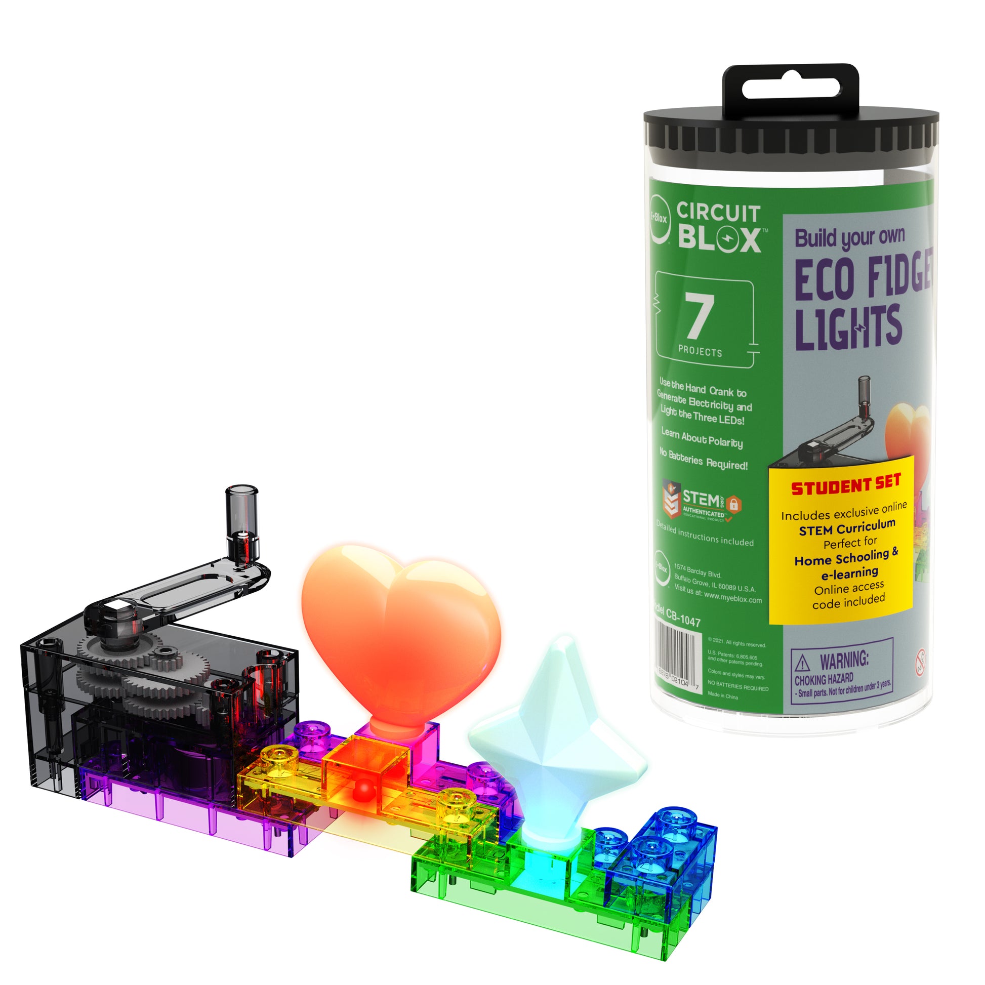 The Circuit Blox™ BYO ECO Fidget Lights Student Set by E-Blox is displayed. The kit includes electronic blocks that can be assembled into various projects. Shown are assembled blocks creating eco fidget lights shaped like a heart and a diamond, emitting colorful light. Perfect for introducing STEM basics, the packaging tube is included.