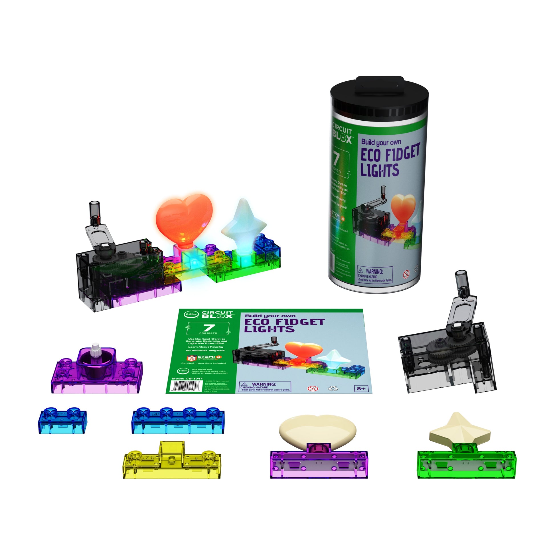 The Circuit Blox™ BYO ECO Fidget Lights Student Set by E-Blox is a DIY electronics kit that allows you to build eco-friendly fidget lights. It includes various brightly colored plastic components, LED lights in shapes like hearts and stars, and a cylindrical container. The instruction booklet is laid out, detailing "Eco Fidget Lights" and introduces STEM basics for budding innovators.