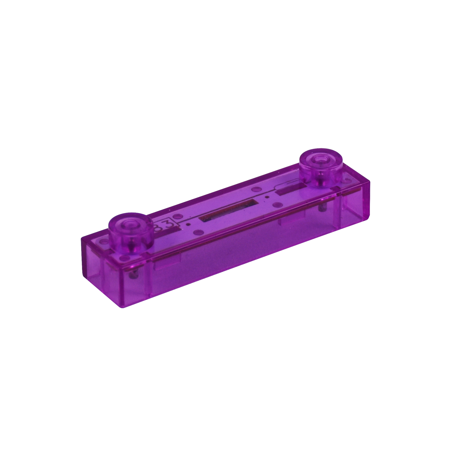 A rectangular, translucent purple plastic component with a hollow center and cylindrical pegs on each end, likely from the E-Blox Circuit Blox™ 59 project Classroom Set - E-Blox® Circuit Board Building Blocks Educational Sets.