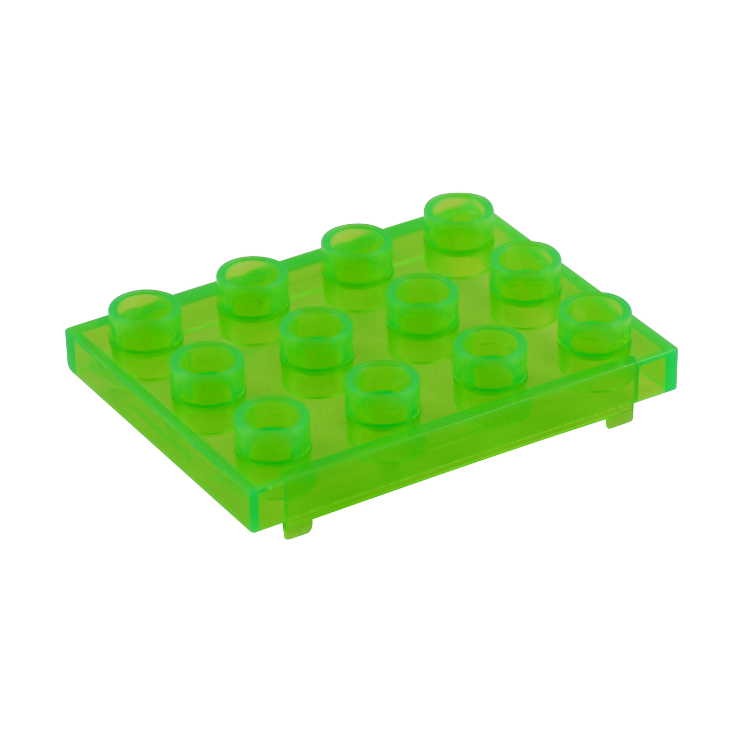 A transparent green 2x3 LEGO plate with six raised studs on top, ideal for integrating into the Circuit Blox™ 59 project Classroom Set - E-Blox® Circuit Board Building Blocks Educational Sets by E-Blox or enhancing your STEM curriculum with hands-on electricity lessons.