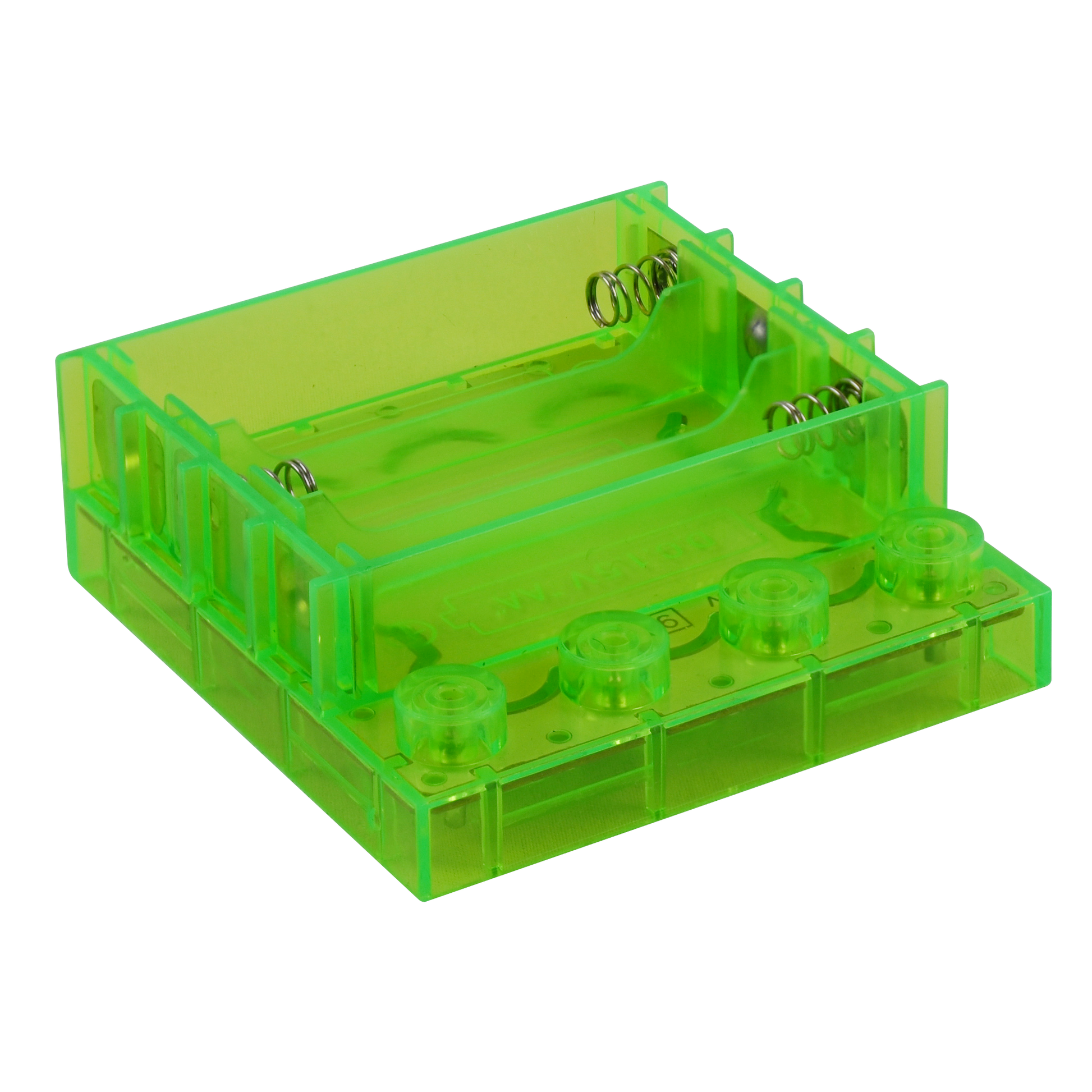 The Circuit Blox™ 59 Project Classroom Set by E-Blox includes a transparent green plastic battery holder designed to hold four AA batteries. It features four metal springs for secure battery contact points and has a rectangular shape, making it ideal for Circuit Blox projects. The holder also has an open top, facilitating easy battery insertion and removal.