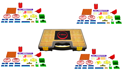 Bubble machine classroom set array showing storage case and 4 sets of parts.