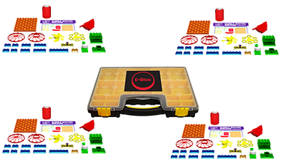 Bubble machine classroom set array showing storage case and 4 sets of parts.