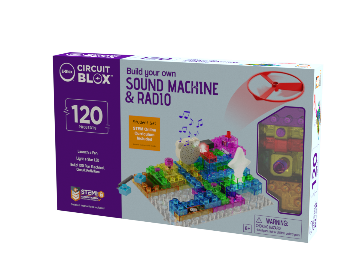 The E-Blox Circuit Blox™ 120 Project Student Set - E-Blox® Circuit Board Building Blocks Educational Set is designed for building a sound machine and radio. The set features colorful electronic components and promises 120 projects, aligning with NGSS requirements for STEM curriculum. Recommended for ages 8+, it also includes a warning for choking hazards.