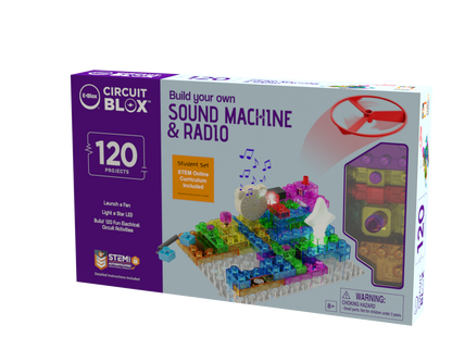 The E-Blox Circuit Blox™ 120 Project Student Set - E-Blox® Circuit Board Building Blocks Educational Set is designed for building a sound machine and radio. The set features colorful electronic components and promises 120 projects, aligning with NGSS requirements for STEM curriculum. Recommended for ages 8+, it also includes a warning for choking hazards.