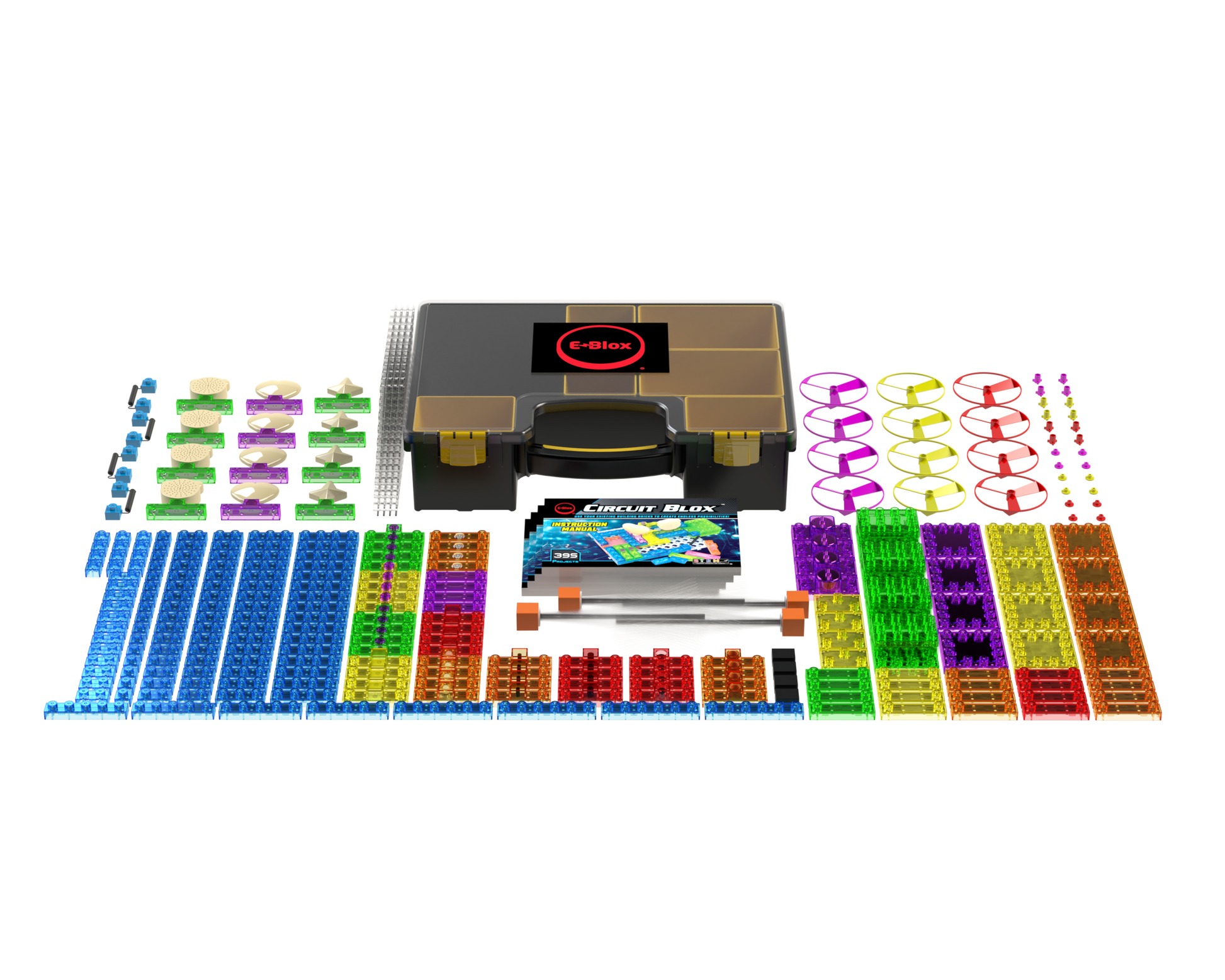 The Circuit Blox™ 395 Project Classroom Set from E-Blox features a neatly arranged collection of brightly colored building components, including blue, green, red, purple, and orange pieces. These elements are distributed around a central box labeled "Circuit Blox." The set includes blocks, connectors, and other electronic components that adhere to NGSS requirements.