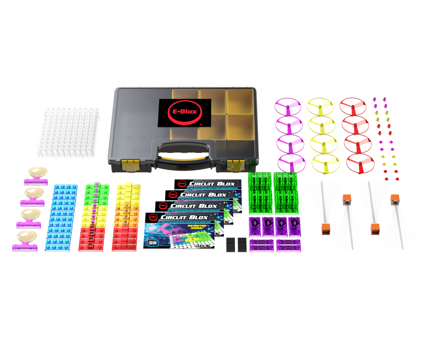 The Circuit Blox™ 59 Project Classroom Set by E-Blox is displayed, featuring a black carrying case, colorful wire coils, various connectors, switch modules, LED lights, several circuit boards, and instructional manuals for Circuit Blox projects—perfect for enhancing STEM education and meeting NGSS requirements.