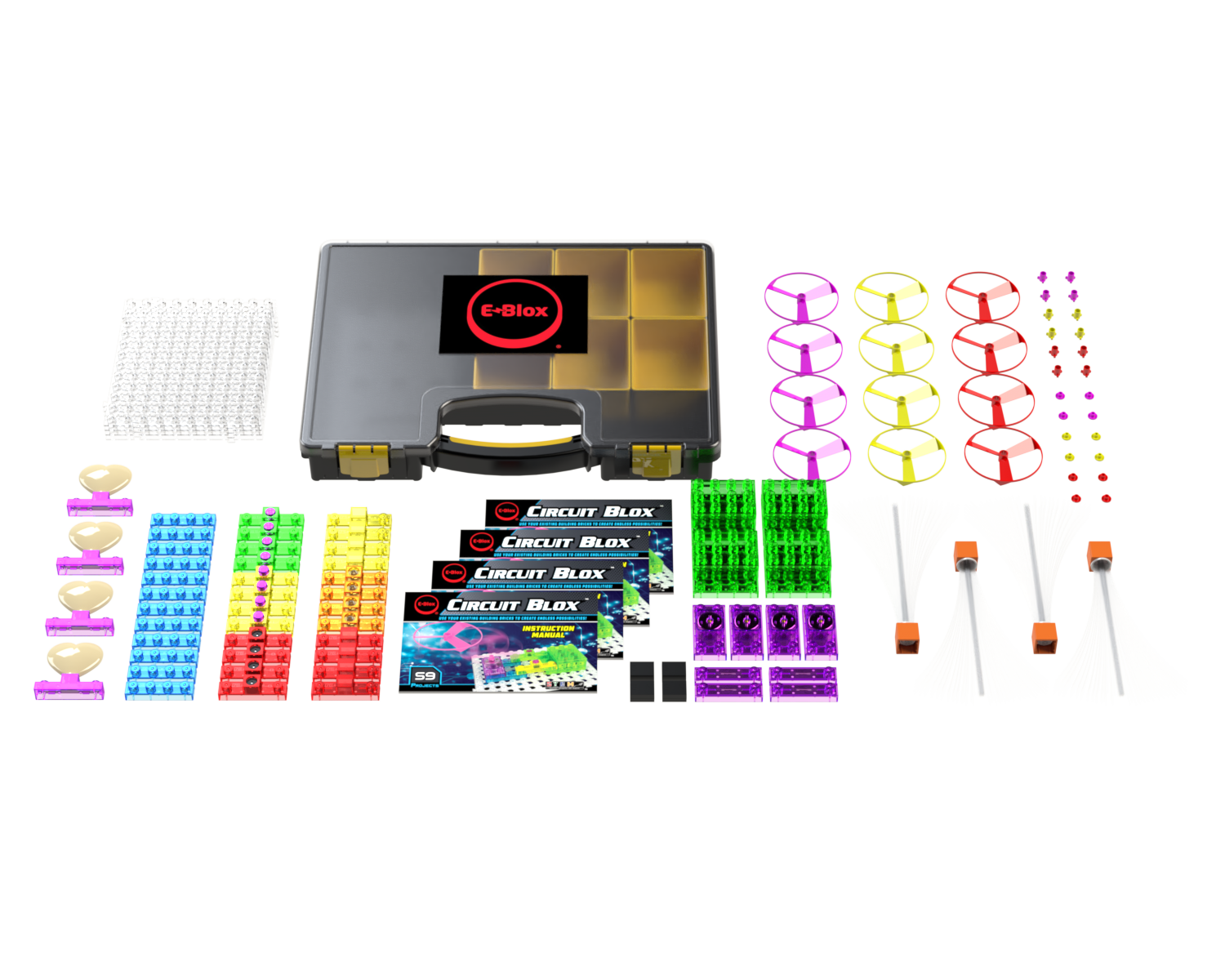 The Circuit Blox™ 59 Project Classroom Set by E-Blox is displayed, featuring a black carrying case, colorful wire coils, various connectors, switch modules, LED lights, several circuit boards, and instructional manuals for Circuit Blox projects—perfect for enhancing STEM education and meeting NGSS requirements.