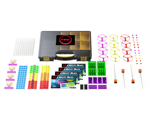 The Circuit Blox™ 59 Project Classroom Set by E-Blox is displayed, featuring a black carrying case, colorful wire coils, various connectors, switch modules, LED lights, several circuit boards, and instructional manuals for Circuit Blox projects—perfect for enhancing STEM education and meeting NGSS requirements.