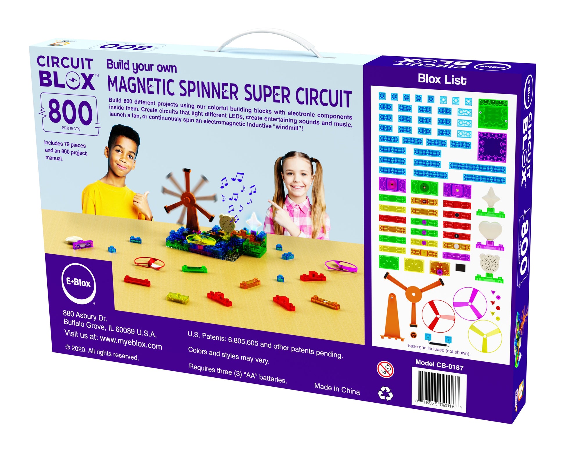 Box of the "Circuit Blox™ 800 - E-Blox® Circuit Board Building Blocks Toys for Kids Student Set", ideal for Grades 4-6 Curriculum, featuring a magnetic spinner super circuit with over 800 pieces. The package displays images of assembled projects, a spinner, and excited children. The box indicates it requires three "AA" batteries.