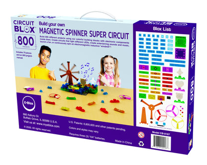 Box of the "Circuit Blox™ 800 - E-Blox® Circuit Board Building Blocks Toys for Kids Student Set", ideal for Grades 4-6 Curriculum, featuring a magnetic spinner super circuit with over 800 pieces. The package displays images of assembled projects, a spinner, and excited children. The box indicates it requires three "AA" batteries.