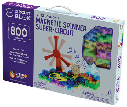 Box for the "Circuit Blox™ 800 - E-Blox® Circuit Board Building Blocks Toys for Kids Student Set" kit, which includes materials for 800 projects. The box features colorful blocks, various components, a fan, musical notes, and a spinning disc. Recommended for ages 8 and up with advanced STEM concepts aligned to Grades 4-6 curriculum.