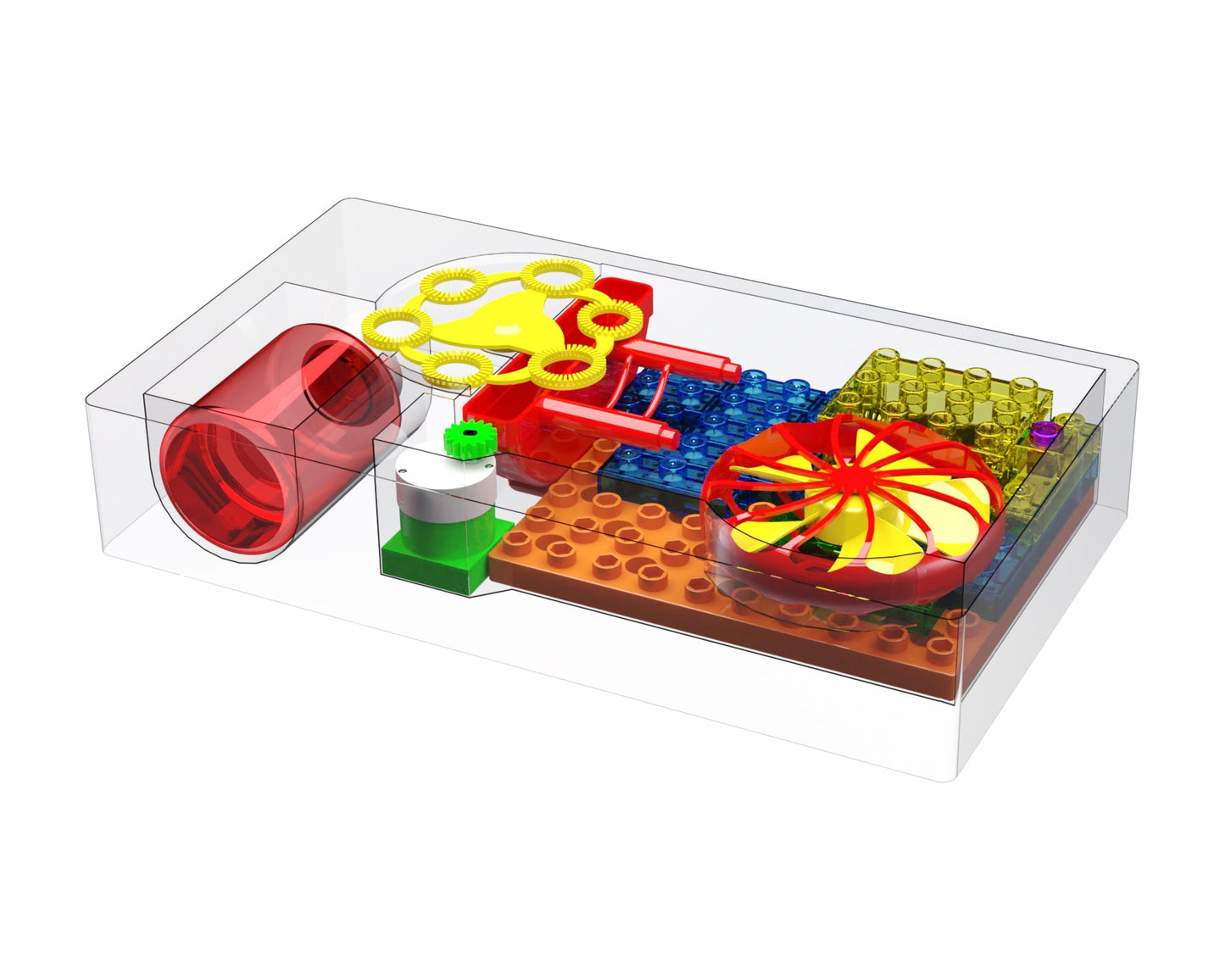 Bubble Machine parts in plastic tray