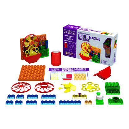 Bubble Machine in box with parts laid out in front and assemble product next to retail box.