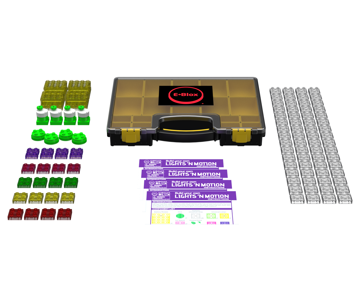 A top-down view of the Circuit Blox™ Lights 'n Motion- Classroom Set by E-Blox. The set includes various green, red, and purple LED blocks, three instruction sheets, four black-and-white grids, and a yellow carrying case with a black handle—perfect for educational play within the STEM curriculum.