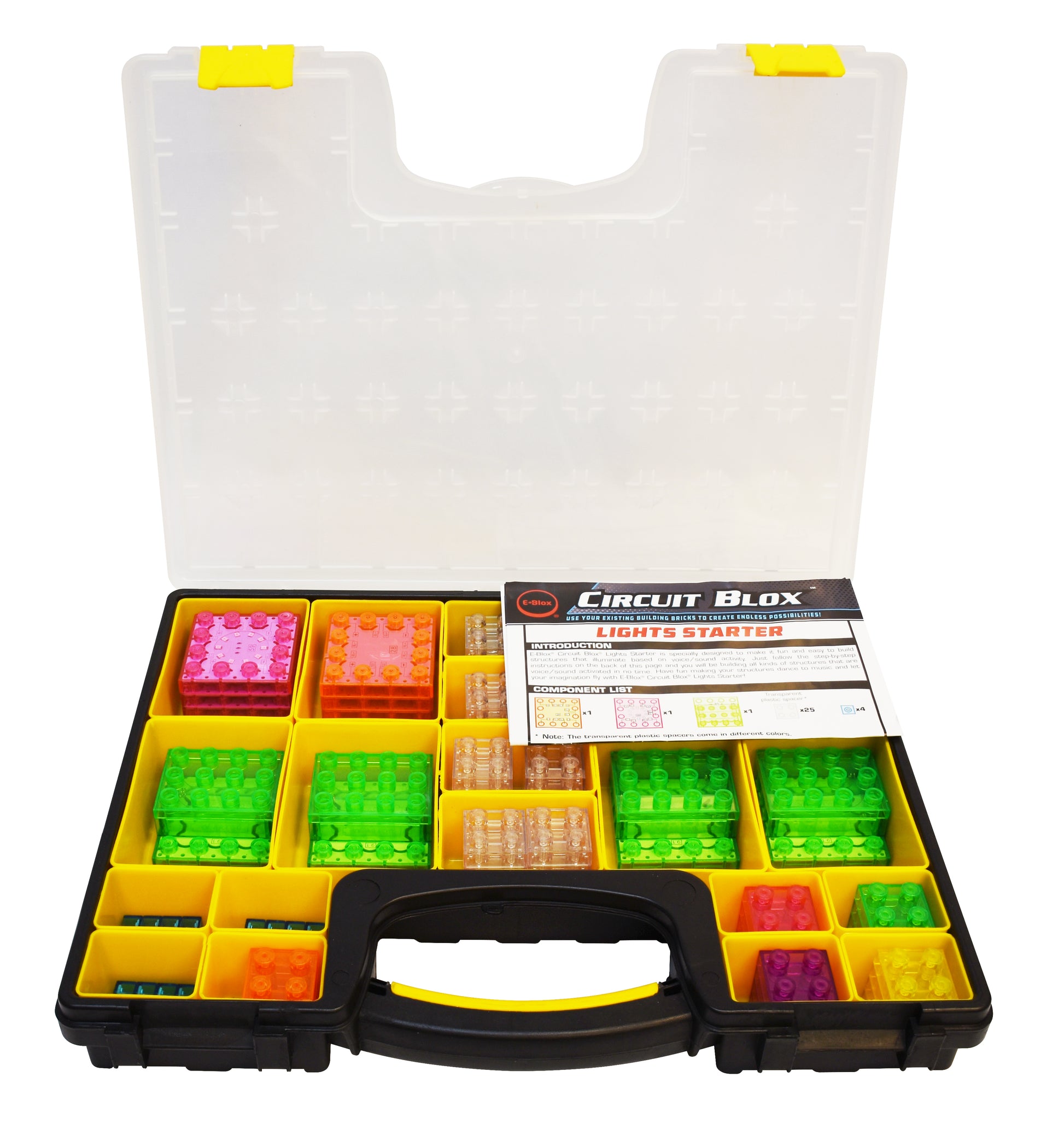 A transparent plastic storage case with a black handle houses the Circuit Blox™ Sound Activated Dancing Lights Classroom Set - E-Blox®. The cover is open, revealing pink, orange, green, and transparent electronic building blocks organized in various compartments. This STEM kit from E-Blox includes an instruction manual to guide educational play with vibrant lights.