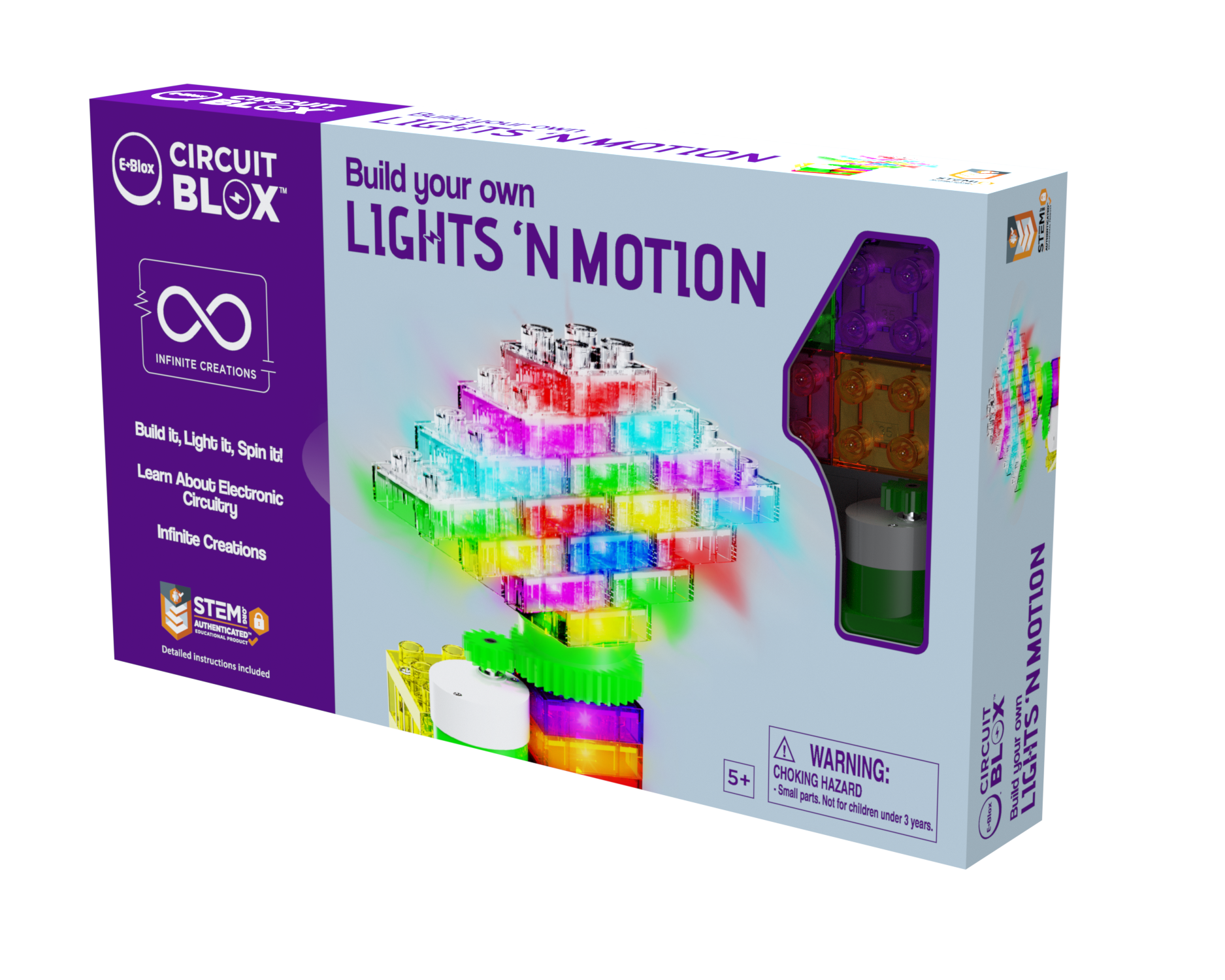 A box featuring vibrant circuits and LED components is labeled "Circuit Blox™ Lights 'n Motion- Classroom Set" by E-Blox. The packaging displays a 3D circuit structure and highlights educational play suitable for children aged 5 and up. STEM.org certified, it includes a choking hazard warning and fits perfectly into the STEM curriculum.