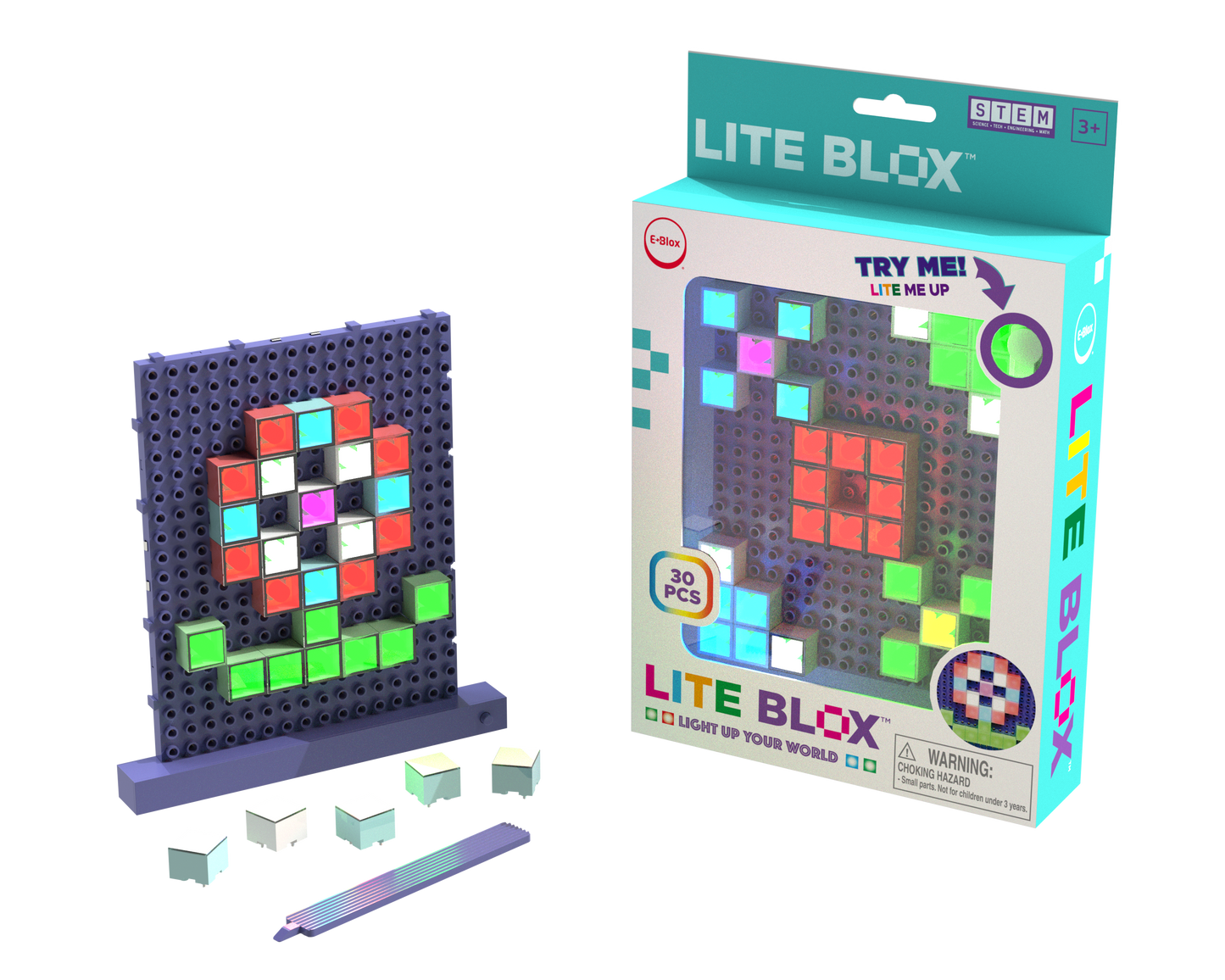 A Lite Blox - Light up your world! toy set from E-Blox, Inc., included with 30 pieces, is displayed. The set features colorful, translucent blocks arranged on a pegboard, creating pixelated light pictures. The box shows a sample flower design and promotes its STEM benefits, including an interactive "try me" feature.