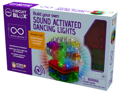 Image of the Circuit Blox™ Sound Activated Dancing Lights Classroom Set - E-Blox®. The box showcases an illustration of colorful, interlocking blocks forming a light-up structure with vibrant, colorful lights. It includes a "Student Set" label and a STEM endorsement. Suitable for ages 8 and up; warning: choking hazard.