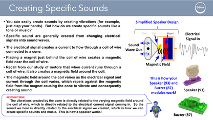 An educational slide titled 'Creating Specific Sounds,' from the Circuit Blox™ 800 Classroom Set by E-Blox, illustrates how speakers and buzzers function. It features a simplified speaker design, explanations of electrical signals, coils, and magnetic fields. A text bubble with 'Seymour Says' provides additional information, making it a perfect addition to any STEM curriculum.