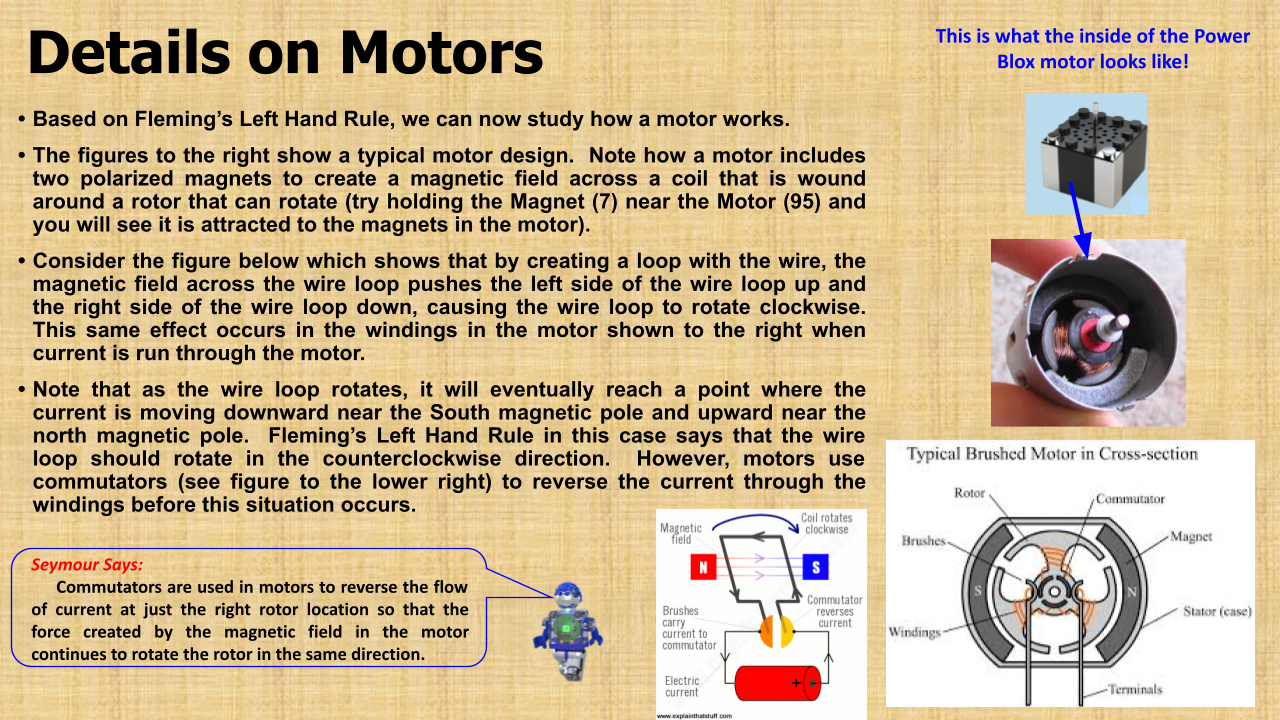 A detailed diagram explaining the working of a motor based on Fleming's Left Hand Rule, tailored to meet NGSS requirements. The diagram includes visual explanations of the motor components, magnetic fields, and directions of force, alongside text descriptions. A note states "This is what the inside of the E-Blox Power Blox™ Light 'N Flight 5-in-1 Student Set motor looks like!" on the top right, with an arrow pointing to a cross-section of the motor.