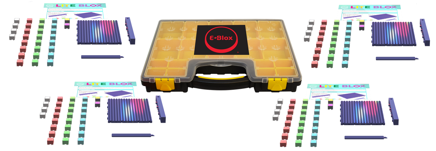 An image of the Lite Blox Classroom Set - E-Blox® Building Blocks showcases a central storage box with multiple compartments housing various electronic components. Surrounding the box are colorful LED Blox panels, wires, connector pegs, and lesson-based curriculum booklets from E-Blox, all designed to stimulate creativity in building electronic projects.