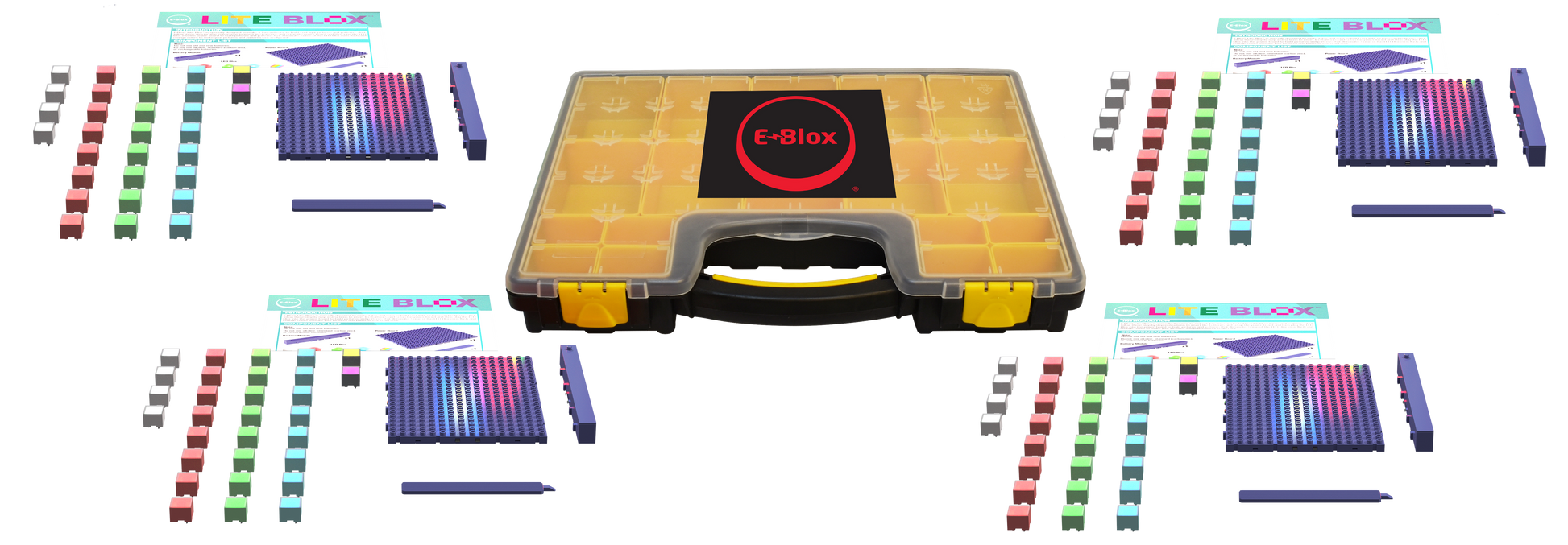 An image of the Lite Blox Classroom Set - E-Blox® Building Blocks showcases a central storage box with multiple compartments housing various electronic components. Surrounding the box are colorful LED Blox panels, wires, connector pegs, and lesson-based curriculum booklets from E-Blox, all designed to stimulate creativity in building electronic projects.