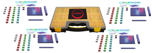 An image of the Lite Blox Classroom Set - E-Blox® Building Blocks showcases a central storage box with multiple compartments housing various electronic components. Surrounding the box are colorful LED Blox panels, wires, connector pegs, and lesson-based curriculum booklets from E-Blox, all designed to stimulate creativity in building electronic projects.