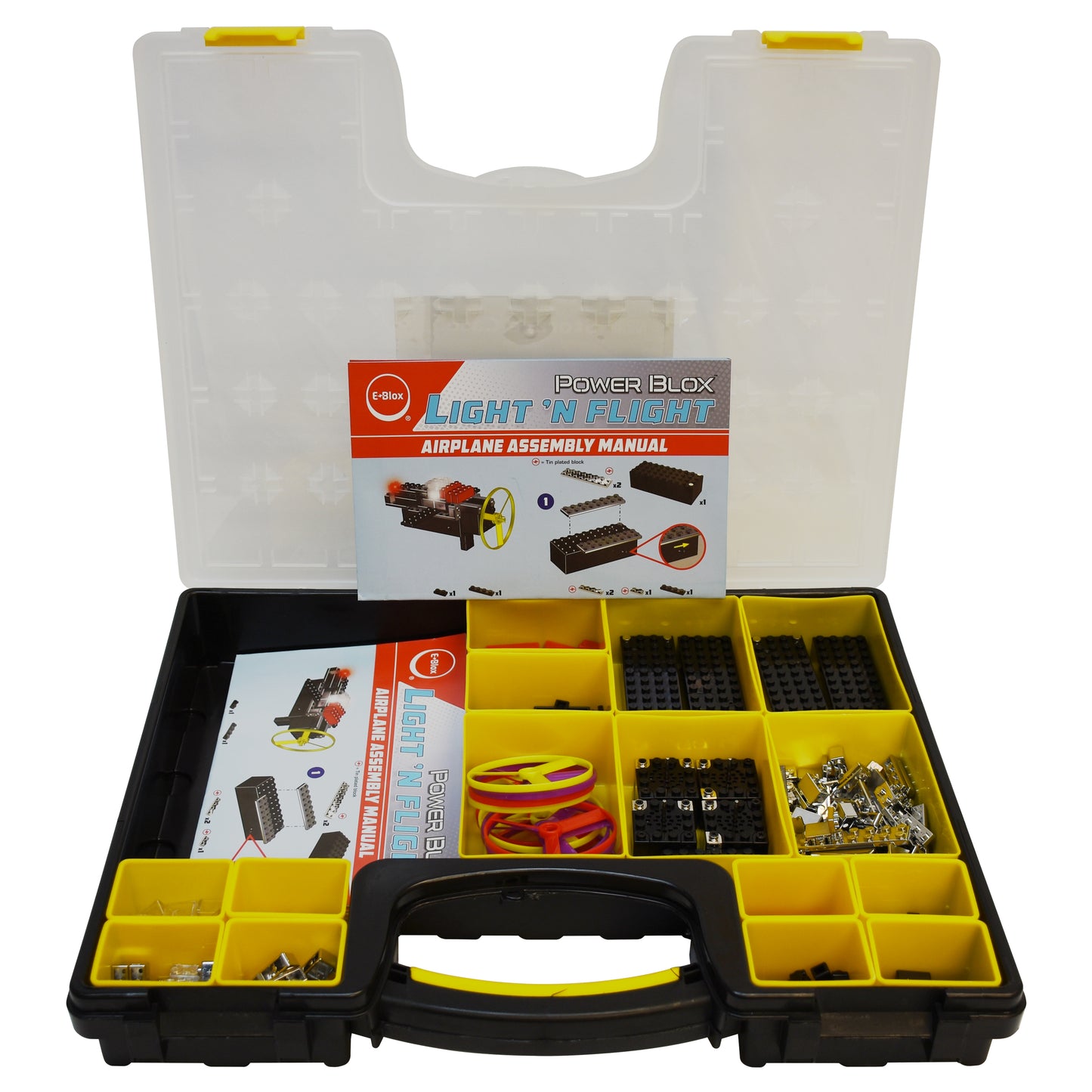 An open plastic case with yellow compartments, displaying assorted building components and a black handle, contains a manual titled "Power Blox™ Light 'N Flight Airplane Assembly Manual" placed on top of the components. This product, designed to enhance STEM curriculum in alignment with Next Generation Science Standards (NGSS), is part of the E-Blox Power Blox™ Light 'N Flight 5-in-1 Classroom Set.